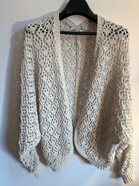 Artelier Nicole Miller Open Knit Crochet Cardigan Boho Cream Medium